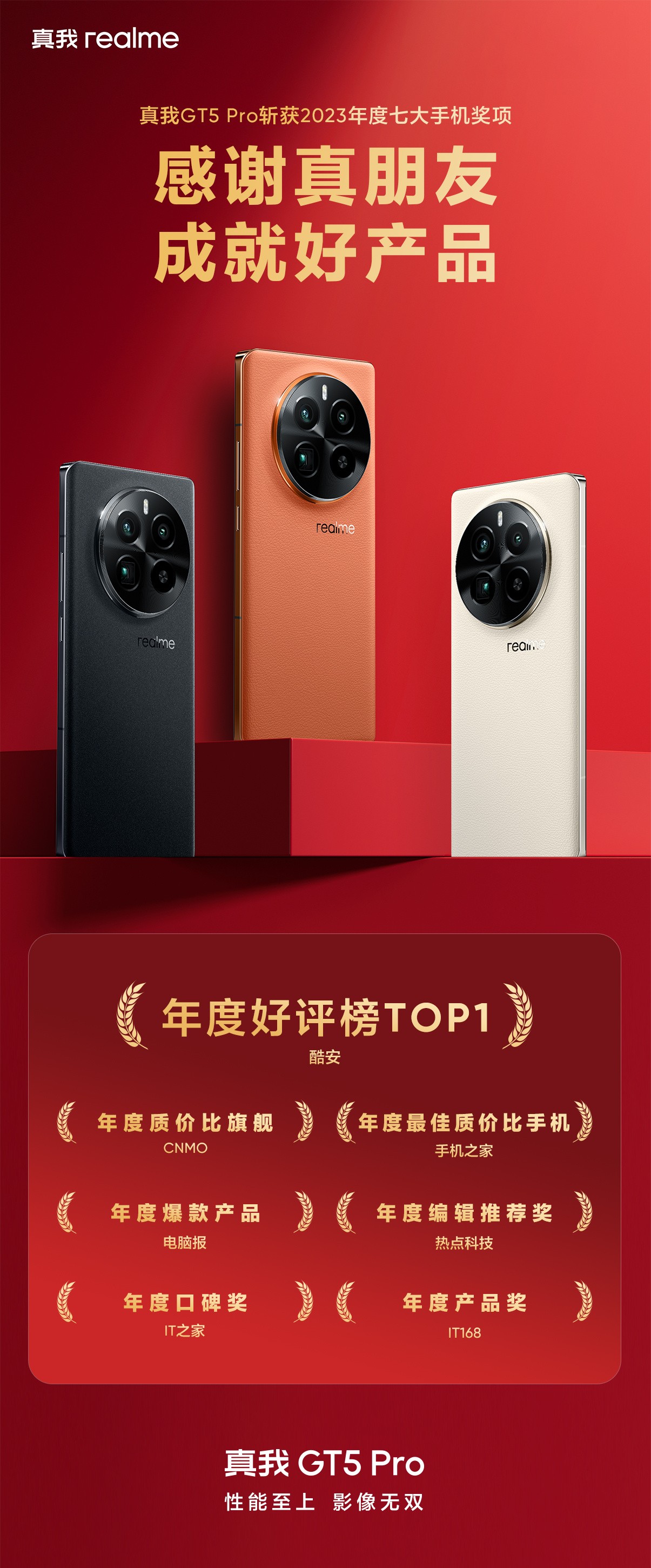 年度爆款真我GT5 Pro，斩获2023年度七大手机奖项