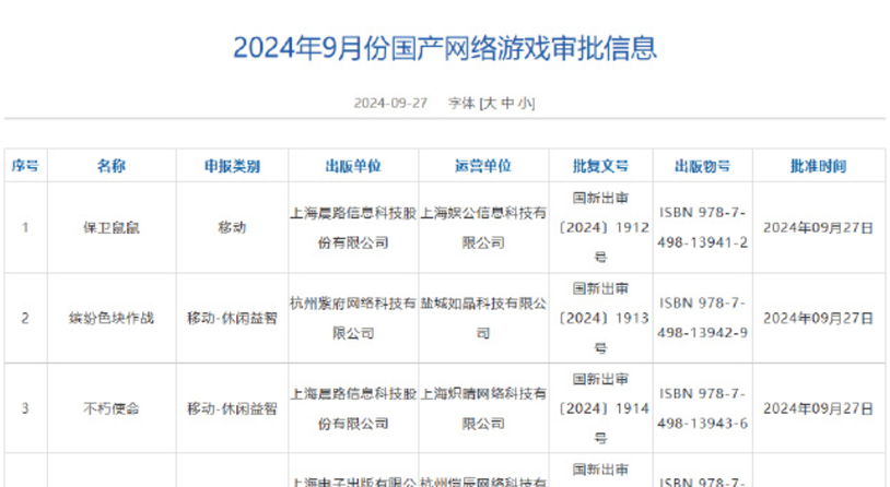 2024年9月国产网络游戏版号公布，《剑侠情缘・零》过审