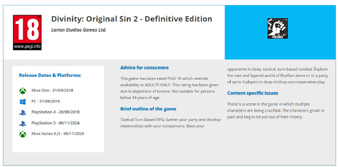 《神界原罪2  决定版》PS5和XSX|S版出现在欧洲游戏评级网站上