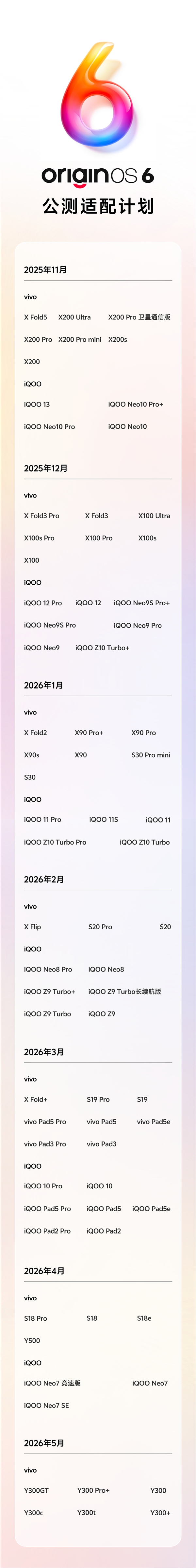 vivo OriginOS 6公测适配计划公布：11月陆续开启
