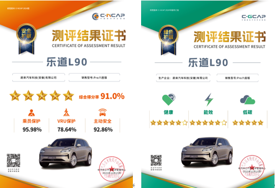 乐道L90荣获大三排SUV首个C-NCAP & C-GCAP双五星认证