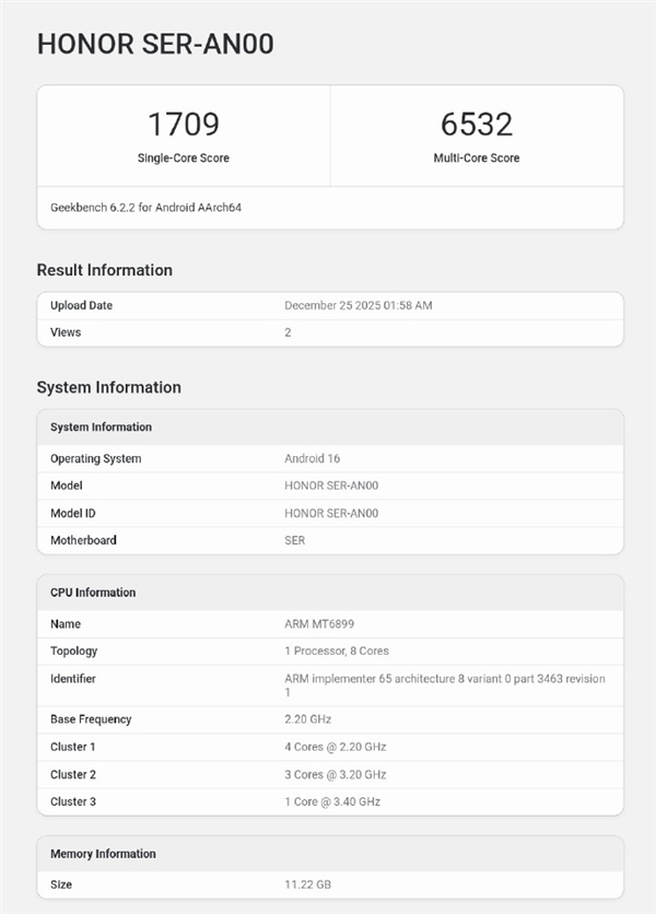 搭载天玑8500 Elite：荣耀Power 2跑分现身GeekBench