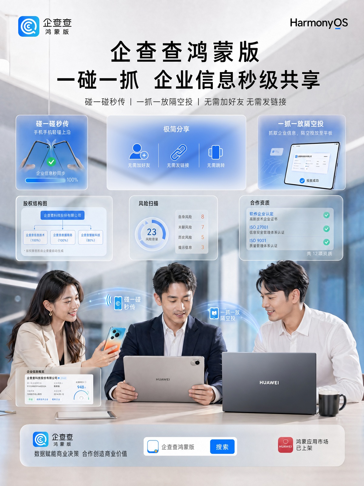 鸿蒙版企查查上线隔空分享：碰一碰传数据，一抓一放送信息