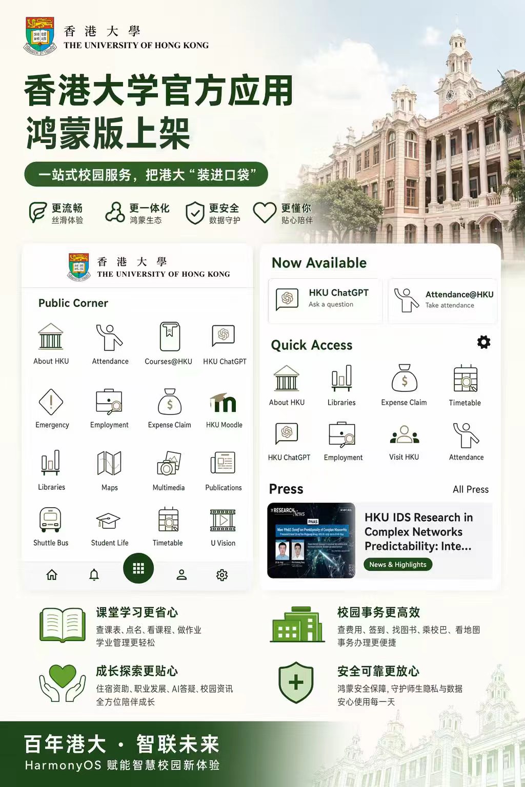 香港大学官方应用鸿蒙版上架：查课表、看校巴、用ChatGPT，一个App搞定