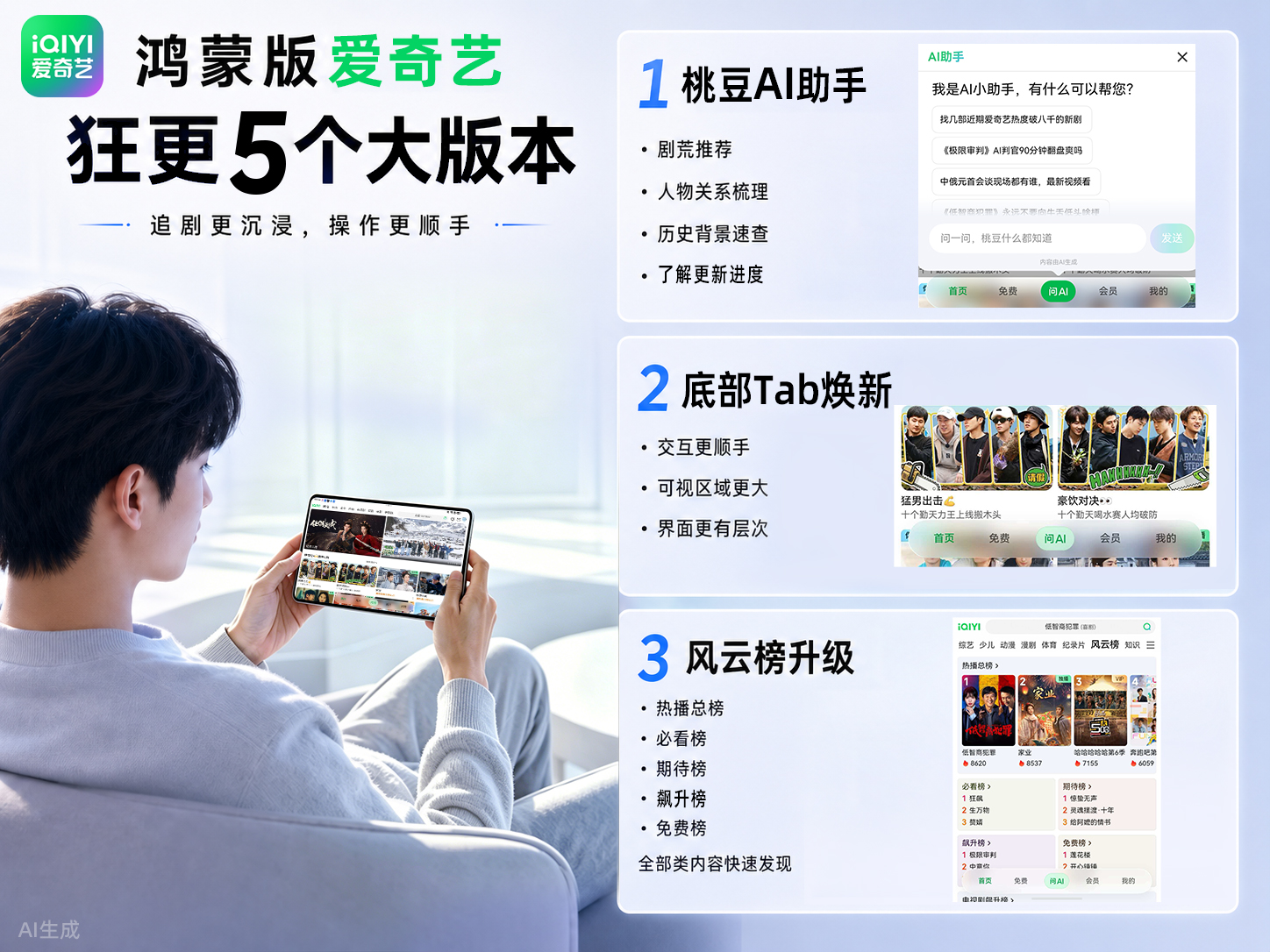 月更五次！鸿蒙版爱奇艺上线“问AI”功能，导航栏升级沉浸光感体验
