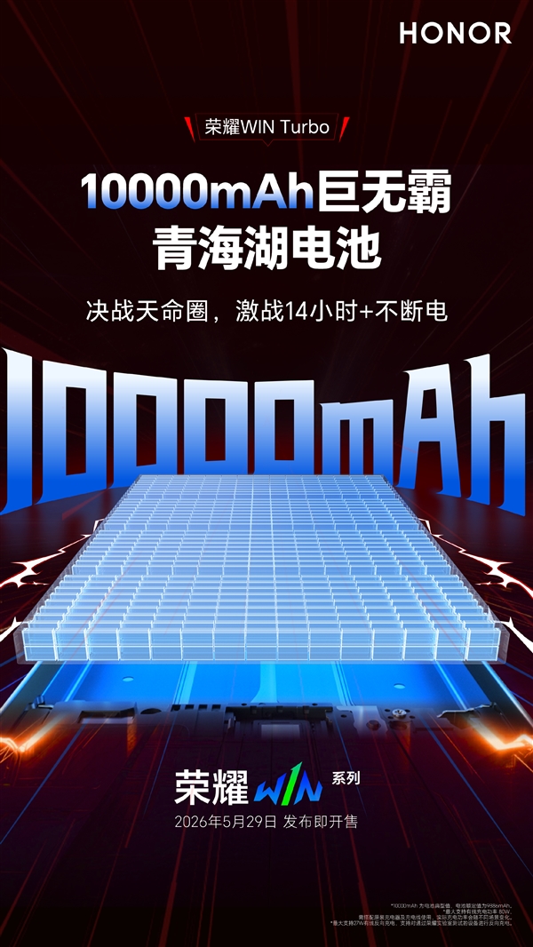 荣耀WIN Turbo搭载10000mAh巨无霸电池：连续游戏14小时不断电