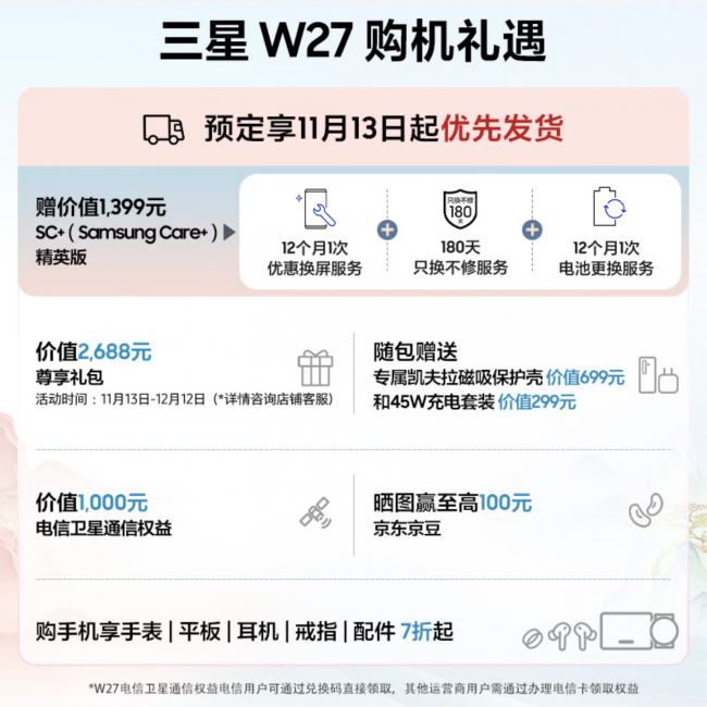 三星W27心系天下发布 来京东11.11预定享价值1399元Samsung Care+精英版
